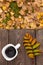 Autumn background or postcard. Coffee in white mug, on wooden bench. Autumn leaf