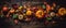 Autumn background of pumpkins and leaves for Thanksgiving and Halloween, on a dark wood table background. View from