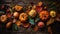 Autumn background of pumpkins and leaves for Thanksgiving and Halloween, on a dark wooden table. View from above