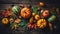 Autumn background of pumpkins and leaves for Thanksgiving and Halloween, on a dark wooden table. View from above