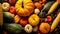 Autumn background with seasonal fruits and vegetables, top view, flat lay