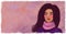 Autumn banner. Portrait of a girl with dark hair in a scarf on an autumn pink background with falling leaves. Place for text