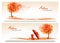 Autumn banners with trees and umbrella and rain boots.
