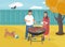 Autumn barbeque party. Backyard of the house. Cute couple preparing food on gril. Bbq time. Sunny autumn day. Vector