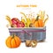 Autumn Basket withpumpkins and fruits Vector realistic detailed design illustrations