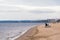 Autumn beach on the Volga. The lonely figure of a woman on the bench. The City Of Samara, Russia