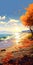 Autumn Beach Wallpaper: Colorful Pixel-art With Serene Ink Paintings