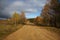 Autumn beautiful landscape. Road in the countryside against yellowed trees and cloudy blue sky on a Sunny day