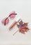 Autumn beauty or fashion composition â€“ bronze lip gloss  and pink sunglasses. Fall makeup concept