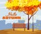 Autumn bench branches of falling leaves foliage in park romantic mood. Isolated illustration vector