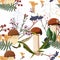 Autumn berries, herbs, fern and mushrooms seamless pattern. White background.