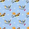 Autumn birds repeated seamless vector pattern with goldfinch, robin and plants elements