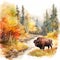 Autumn Bison Standing by Stream in Watercolor Style AI Generated