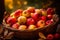 Autumn bounty, basket brimming with red juicy organic apples, yellow leaves