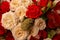 Autumn bouquet of red and white roses, hydrangeas, chrysanthemums as a background