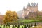 Autumn Burresheim Castle with topiary green trees in ornamental