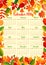 Autumn calendar template with fall leaf frame