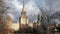 Autumn campus of famous Russian university with bare trees under dramatic sky