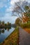 Autumn Canal Tranquility: Trees, Leaves, and Cloudy Reflections