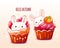 Autumn card with cute dessert in kawaii style. Cake, muffin or cupcake with whipped cream and tiny bunny. Inscription Hello autumn