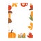 Autumn card. Fall season cozy poster. Autumn thanksgiving seasonal banner with ball of yarn, umbrella, leaves and