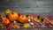Autumn Celebration Background With Pumpkins Flowers and Leaf on a Wooden Table