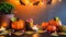 Autumn Celebration Background With Pumpkins Flowers and Leaf on a Wooden Table