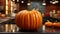 Autumn celebration pumpkin lanterns glow on wooden table generated by AI