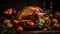 Autumn celebration Roast turkey, fresh vegetables, and baked pumpkin decoration generated by AI