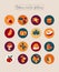 Autumn circle stickers with pumpkin, leaves, mushroom, berry, leaf, physalis, apple and pear in Orange, Yellow, Blue, Purple and W