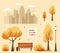 Autumn city park elements. Urban outdoor decor: bench, lamps, trash box, trees and bushes, city silhouette. For construction of