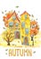 Autumn city. Watercolor illustration. Hand drawing postcard