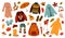 Autumn clothing. Casual wears, outdoor outfits, rainy season accessories, shoes, raincoats and gloves, warm sweaters and