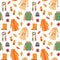 Autumn clothing pattern. Casual wears, outdoor outfits, rainy season accessories, shoes, raincoats, gloves, leaves.