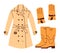 Autumn clothing set. Casual wears, outdoor outfits, rainy season accessories, shoes, raincoats and gloves.
