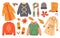 Autumn clothing set. Casual wears, outdoor outfits, rainy season accessories, shoes, raincoats and gloves and leaves.