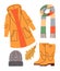 Autumn clothing set. Casual wears, outdoor outfits, rainy season accessories, shoes, raincoats, hat, scarf and leaf..