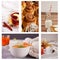 Autumn collage of five photos. Hot cup of apple tea with spices, carrot soup, capuccino on the tray, bottle with milk, sweet warm