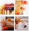 Autumn collage of four photos. Cake with berries, hot tea, old books, cappuccino. Fall. Warm and cozy