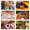 Autumn collage of six photos. Hot cup of coffee, old books, autumn leaves, carrot soup. Fall. Warm and cozy