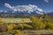 Autumn color of Fall view of hay bales and trees in fields with snow capped San Juan Mountains of Dallas Divide Ridgway Colorado