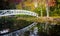 Autumn color and walking bridge over a pond in Somesville, Maine