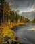 Autumn colorful landscape with long exposed river