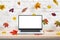 Autumn colorful leaves fall on the laptop. Creative concept