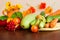 Autumn colorfull  Ñomposition with raw vegetables cucumbers, zucchini, tomatoes, yellow green beans, carrots. Harvest from the