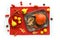 Autumn colors. Yellow and orange pumpkins and quince fruits on metal tray. Vibrant red textile napkin on white