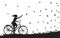 Autumn come, girl riding on the bicycle and autumn leaves falling, silhouette, black and white,