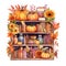 Autumn composition with bookshelves and pumpkins, autumn leaves and flowers isolated on white background.