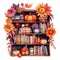 Autumn composition with bookshelves and pumpkins, autumn leaves and flowers isolated on white background.