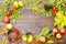 Autumn composition of bright juicy leaves, pears, rowan berries, thuja branches, apples on a brown dark wooden background.